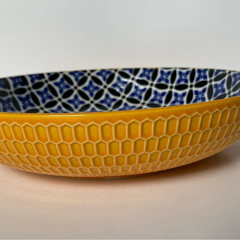 Metahom Serving Bowl Ceramic 8.75” Blue Yellow Honeycomb Bottom Floral Print - Picture 16 of 16
